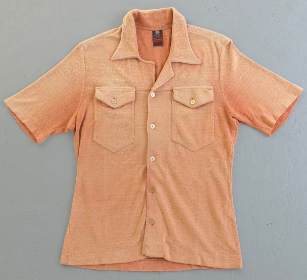 1970s Salmon Faded Towelling Short Sleeved Beach Shirt (02360)