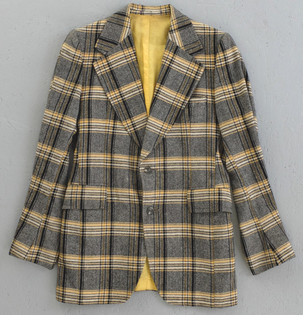 1970s 'Mr Freedom' Black + Yellow Tartan Check Suit Jacket (02660)